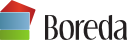 Logotyp i rött, blått och grönt med texten Boreda i svart